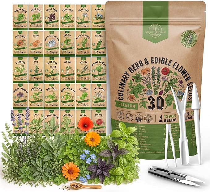 Organo Republic 30 Culinary Herbs & Edible Flower Seed Variety Pack- Indoor/Outdoor. 14000+ Non-GMO Heirloom Flower Seeds: Basil, Borage, Echinacea, Lavender, Oregano, Rosemary Seeds & More