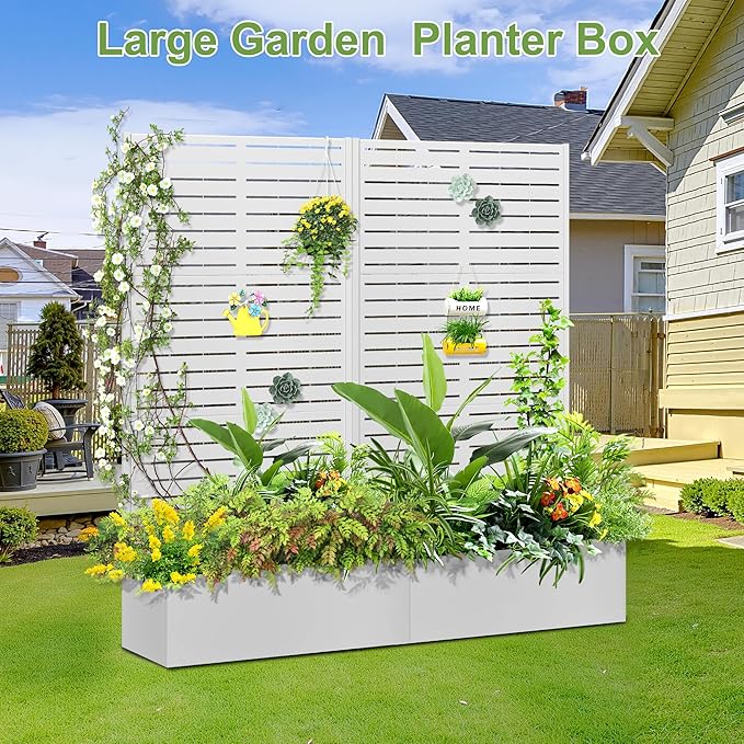 Trellis for Climbing Plants Outdoor，Mental Garden Bed with Drainage Holes Outdoor Privacy Screen Design Tall planters for herb Flower Vegetables 73"x35"x16", White-Louvered