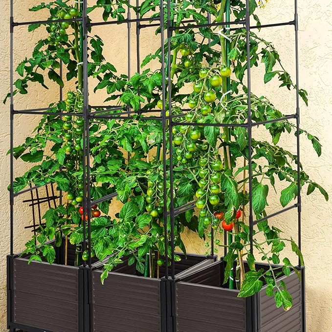 Barydat 2 Pack Raised Garden Bed Planter Boxes with Trellis, 67'' Hight Tomato Extra Large Planter Plants Raised Garden Beds Outdoor with Legs for Climbing Vegetables Plants Tomato Cage Outdoor Garden