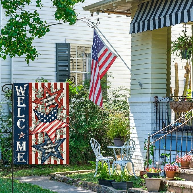 Welcome 4th of July Garden Flags 12x18 Inch Double Sided, Patriotic American Stars and Stripes Small Summer Decoration for Holiday Yard Memorial Day,250th Years America Anniversary Outdoor Decor