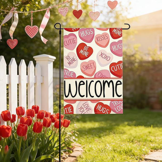 Valentines Day Garden Flag, 12x18 Inch Double Sided Pink Red Love Hearts Welcome Design Hearts Rustic Anniversary Wedding Decor Indoor Outdoor Yard Flag Decoration