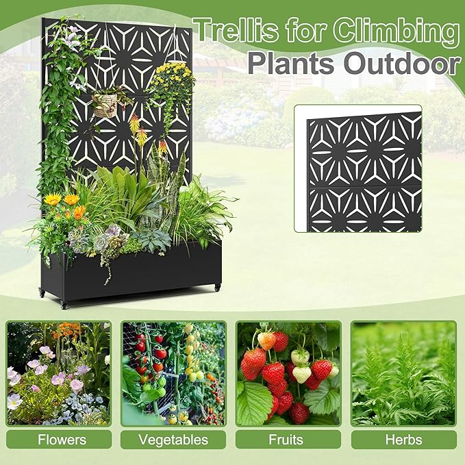 Raised Garden Bed with Trellis and Wheels,73"x47"x16" Metal Raised Garden Bed,Black Star Metal Planter with Climbing Trellis for Vines & Vegetables