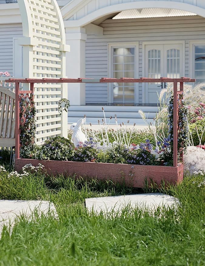 GarveeLife Raised Garden Bed with Trellis, 45 in Wood Planter Box with Side Trellis, Hanging Roof, and 4 Drainage Holes, Freestanding Elevated Garden Bed for Climbing Plants, Vines, Flowers