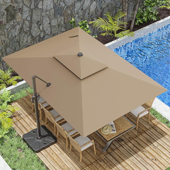10x13FT Cantilever Outdoor Patio Umbrellas, Double Top Large Rectangle Umbrella, Heavy Duty 360° Rotation Offset Outdoor Sun Shade Umbrella for Garden Deck Pool Backyard Patio, Beige Brown