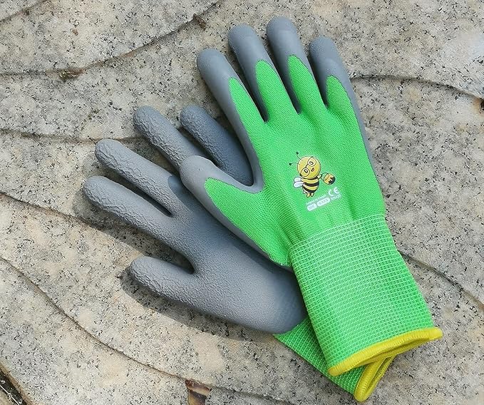 Ages 8-10 Kids Gardening Gloves,Yard Work Gloves for Toddlers, Youth, Girls, Boys, Childrens, Soft Safety Rubber Gloves (XS Age 8-10, 1 Pair Green Bee)