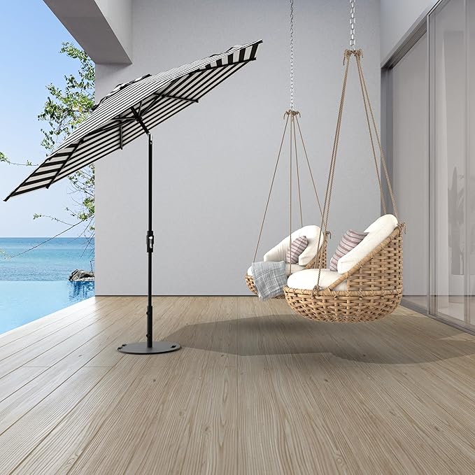 The Swilt 10 Feet Outdoor Umbrella With Terylast Zebra (Black/White Stripes) Polyester Fabric - Fiberglass Ribs, Auto-Tilt And Swivel Aluminum Frame Patio Umbrella For Deck, Garden, Pool - Black Pole