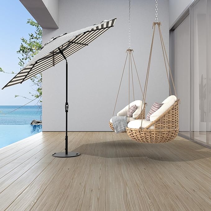 The Swilt 9 Feet Outdoor Umbrella With Terylast Matter Stripes (Grey/White) Polyester Fabric - Fiberglass Ribs, Auto-Tilt And Swivel Aluminum Frame Patio Umbrella For Deck, Garden, Pool - Black Pole