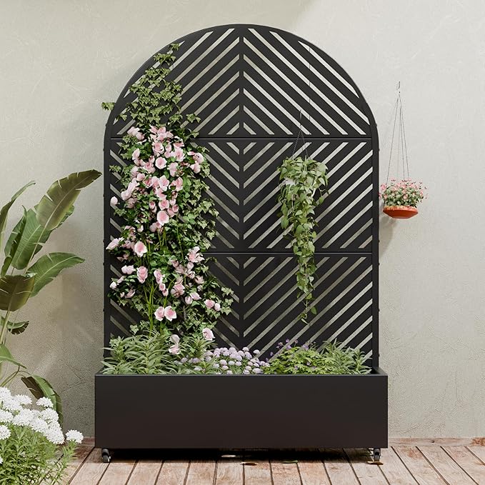 Casaphoria Metal Raised Garden Bed with Trellis and Wheels, 72"x47"x16" Arched Planter Box for Climbing Plants, Vegetables & Vines, Features Drainage Holes and Privacy Screen (Black-Parallel)