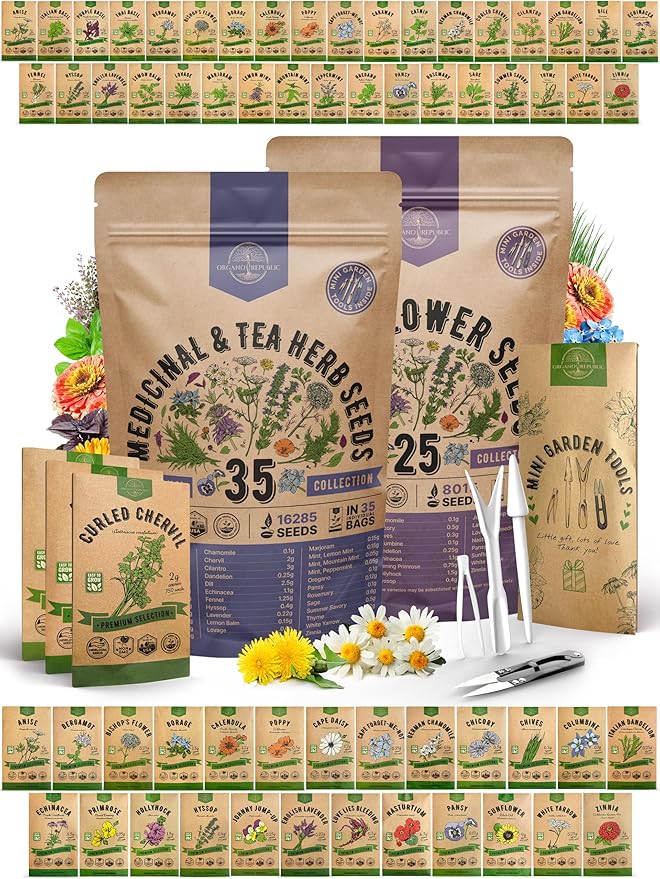35 Medicinal & Tea Herb Seeds and 25 Edible Flower Seeds Variety Pack Bundle, 24,300+ Non-GMO Heirloom Garden Seeds for Planting Flowers and Herbs for Indoor & Outdoor Gardening