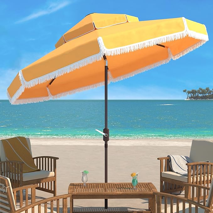 SAFAVIEH 9ft Outdoor Patio Umbrella, Round, Double Top, Milan Fringe, Yellow & White, Crank, Button Tilt, UV Resistant for Deck, Backyard, Poolside (PAT8208D)