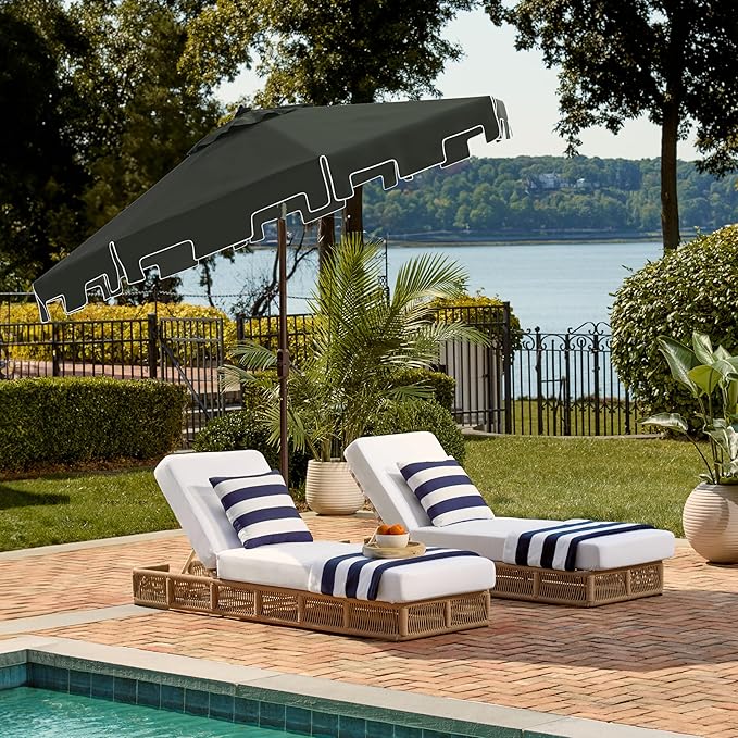 SAFAVIEH 9ft Outdoor Patio Umbrella, Round, Zimmerman Collection, Green & White Trim, Button Tilt, UV Resistant for Deck, Backyard, Poolside (PAT8000B)