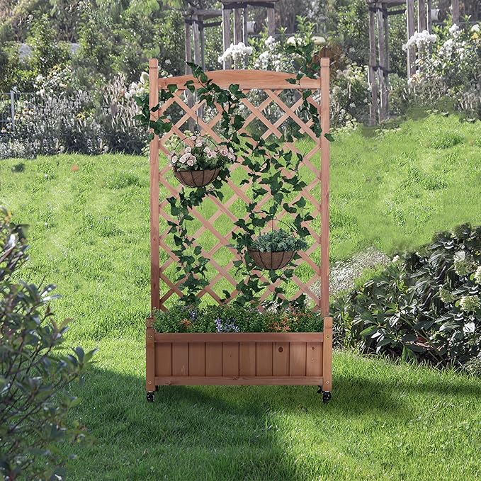 2-Pack Elevated Wooden Planter Boxes with Trellis & Wheels – Outdoor Raised Garden Beds for Climbing Plants, Vegetables & Flowers – Easy Assembly & Drainage, 11x25x42.3 Inch