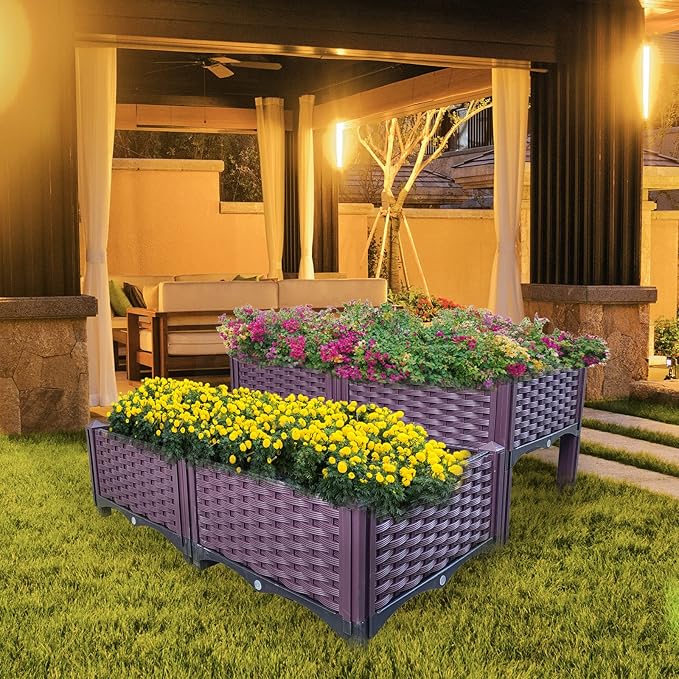 Doppy Plastic Raised Garden Bed Set of 4, Garden Bed Planter Kit for Outdoor Indoor Plants Elevated Garden Boxes Plant pots for Vegetables, Standing Garden Container for Backyard, Patio