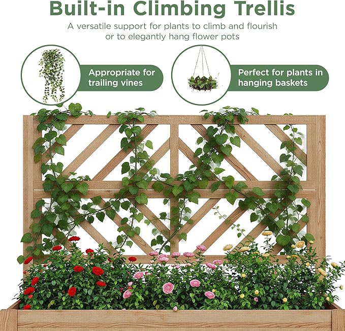 Vabches Wooden Elevated Raised Garden Bed with Trellis,47x24x55 in Planter Box with Legs and Storage Shelf,FreeStanding Gardening Planter for Flower Herb Vegetable Fruit Climbing Vines