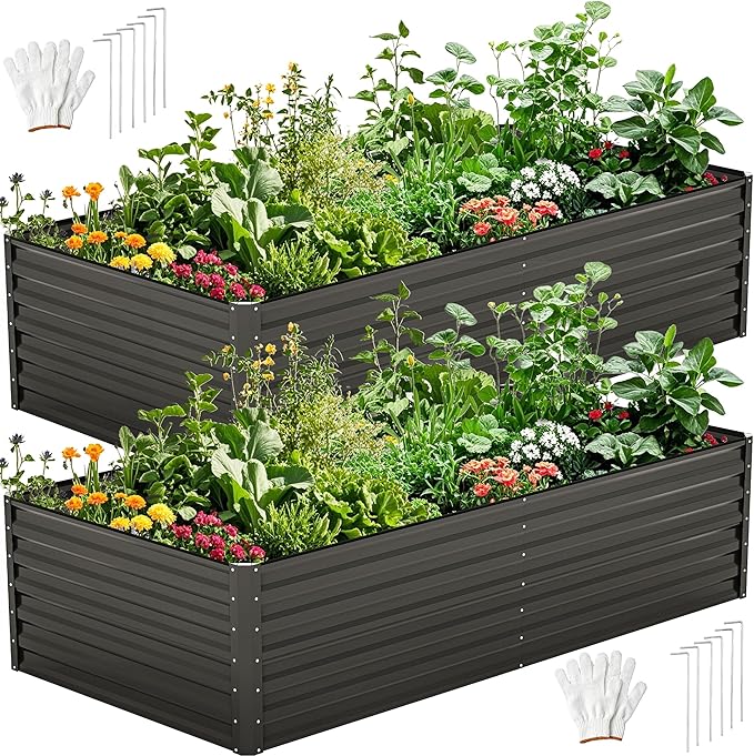 DWVO 2pcs 8 x 4 x 2 FT Raised Garden Bed Kit, Outdoor Galvanized Flower Bed with Safety Rubber and Gloves, Black