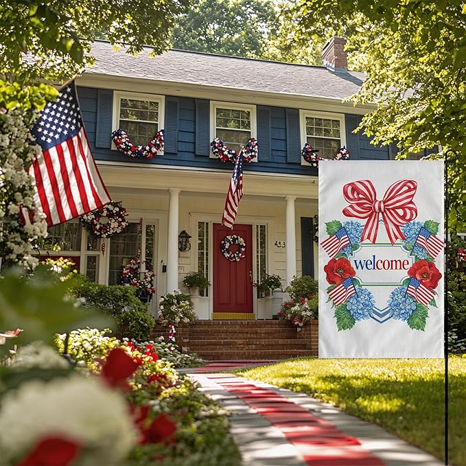 4th of July Decorations - Patriotic Welcome Garden Flag | Fourth of July Floral Wreath Bow Double Sided Banner | 250th Anniversary Accessories Outdoor Outside Decor for Garden Yard Porch Patio Lawn