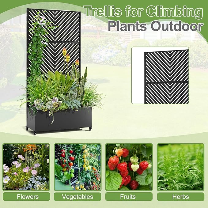 Raised Garden Bed with Trellis and Wheels,73"x35"x16" Metal Raised Garden Bed,Black Parallel Metal Planter with Climbing Trellis for Vines & Vegetables