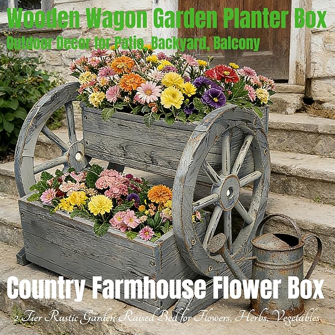 NestNature Wooden Wagon Planter Box,Raised Garden Bed,Decorative Garden Planters with Wheels-Outside Flower Pots for Indoor/Outdoor Décor Plants (Antique Gray)