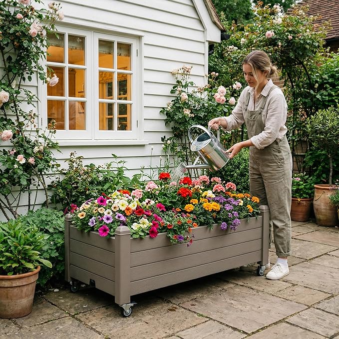 Raised Garden Bed with Wheels Outdoor, Resin Planter Box with Drain Hole and Water Level Detector for Backyard, Patio, Balcony, Gray(13.3" H)