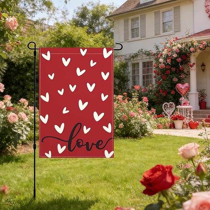 Valentines Day Garden Flag, 12x18 Inch Double Sided Red Love Hearts Design Hearts Rustic Anniversary Wedding Decor Indoor Outdoor Yard Flag Decoration