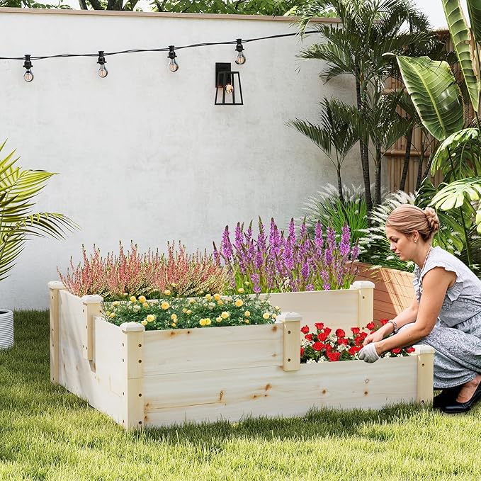 HAPPYGRILL 3-Tier Raised Garden Bed, Wood Elevated Planter Box w/Open-Ended Base, 3 Planting Depths& 2 Arrangement Options for Yard Lawn, Outdoor Planter Raised Beds for Vegetables Herbs Fruits