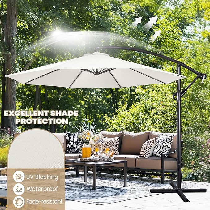 Yaheetech 10FT Patio Offset Umbrella - Cantilever Hanging Outdoor Umbrellas w/Easy Tilt & Cross Base for Market/Garden/Lawn/Deck/Backyard/Pool - Cream