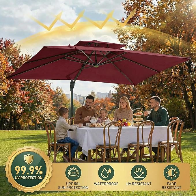 Hoteel 10ft Patio Umbrella Heavy Duty Aluminum Windproof & Shade Provision Outdoor Cantilever Double Top Offset Large Umbrella Height Adjustable with 360°Rotation for Patio Pool Deck Gazebo, Wine Red