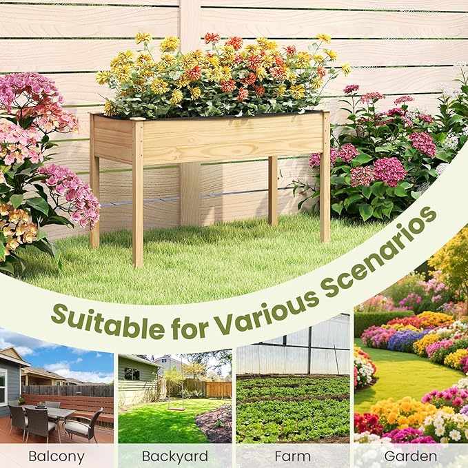 Giantex Raised Garden Beds Set of 2, Elevated Wood Planter Box with Liner, 47"x23"x30" Freestanding Raised Bed for Indoor Outdoor Plants, Vegetables Flower Herbs Fruit Gardening