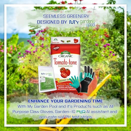 Espoma TO18 Organic Tomato-Tone 3-4-6; 18 lb. Bag with 8% Calcium with My Garden Pool PH Soil Test Strips 20 ct, and Superior Gardening Claw Gloves and Garden-IQ, Smart Gardening AI Assistant!
