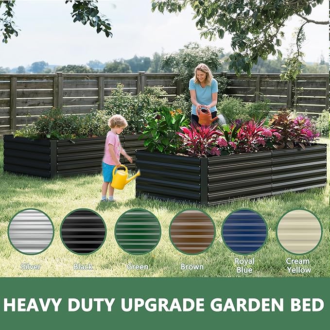 FOOWIN 4pcs 8x4x2ft Galvanized Raised Garden Bed, Planter Raised Garden Boxes Outdoor, Large Metal Raised Beds for Gardening, Garden Bed for Vegetables, Flowers, Herb,478 Gallon Capacity, Black