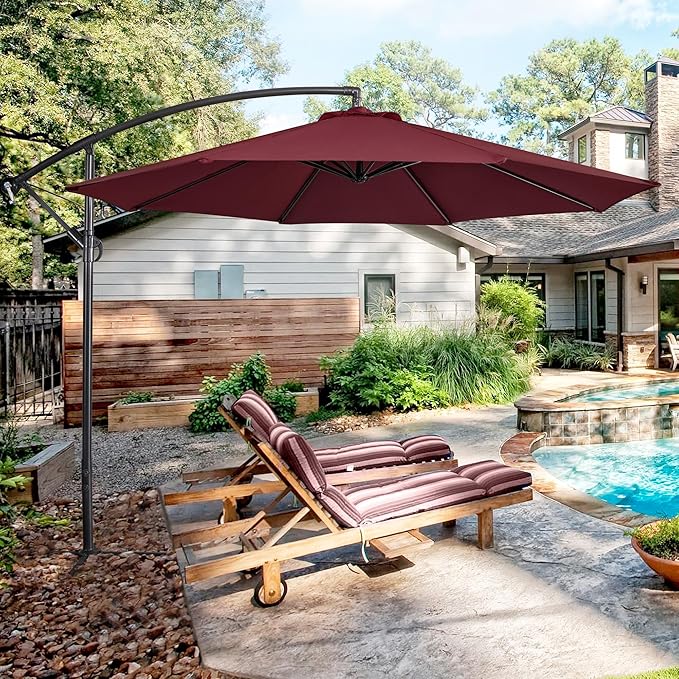 Yaheetech 10FT Patio Offset Umbrella - Cantilever Hanging Outdoor Umbrellas w/UV Protection & 8 Ribs & Handy Crank & Cross Base for Market/Garden/Lawn/Deck/Backyard/Pool - Burgundy