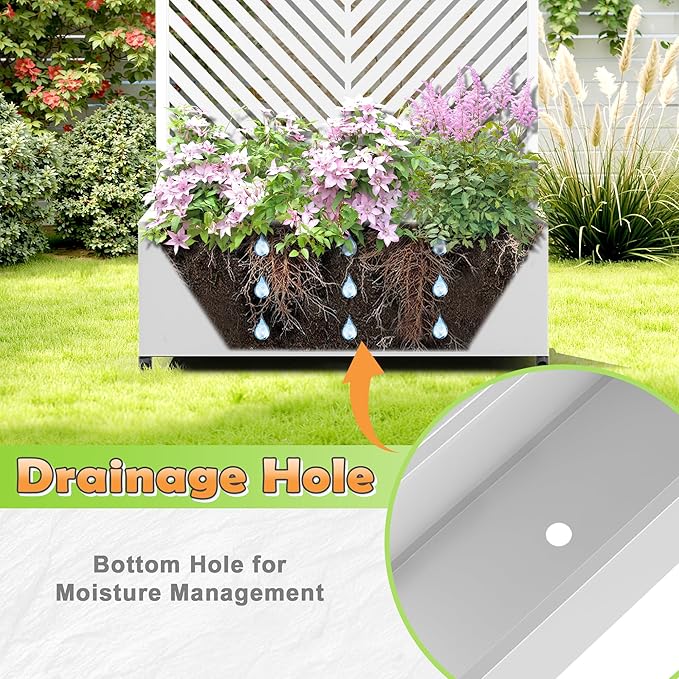Metal Raised Garden Bed with Trellis, 2-in-1 Planter Box & Privacy Screen for Climbing Plants, Outdoor Standing Flower Bed with Drainage Holes, 35.4" L x 15.7" W x 70.1" H, White-Parallel