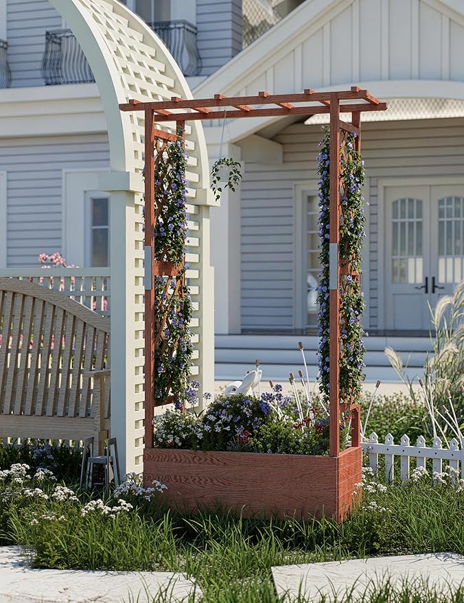 Elevated Garden Bed with Arch Trellis & Hanging Roof for Vine Climbing Plants, Wood Planter Box with Hanging Roof, Side Trellis, 4 Drainage Holes,Above Ground Raised Garden Bed, 43"x17"x72"