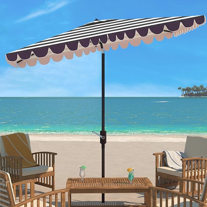Safavieh PAT8311C Outdoor Vienna Navy and White 6'6" x 10' Rectangle Crank UV Protected Umbrella