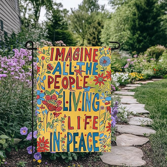 BlissYard Welcome Garden Flag 12x18 Inch Imagine All The People Living Life In Peace Colorful Floral Artistic Double Sided Yard Banner Inspirational Quote Sign For Outdoor Porch Patio Decoration