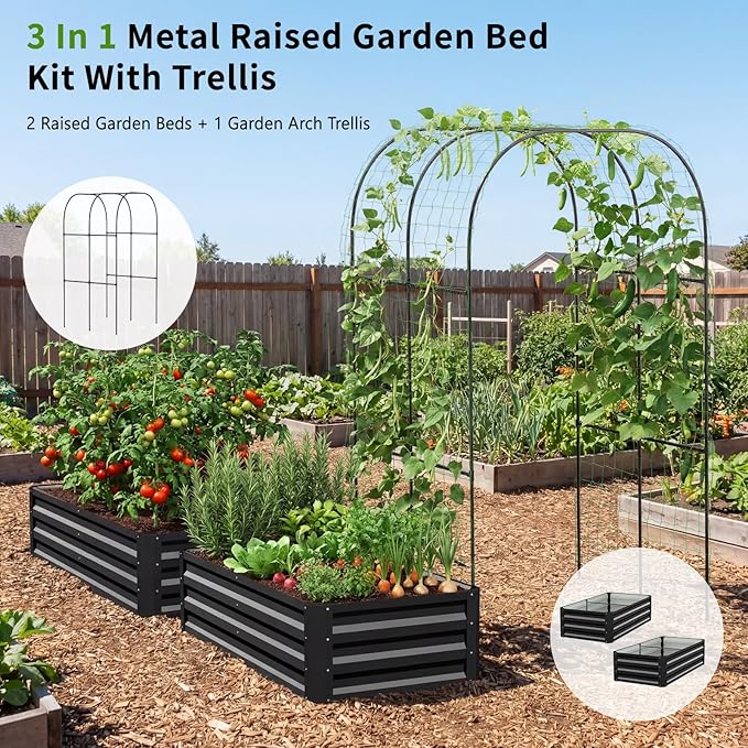 DoCred Galvanized Raised Garden Bed with 87" H Arch Trellis for Climbing Plants, Raised Outdoor Planter Garden Box with Climbing Netting for Gardening, Climbing Vegetables, Flower, Black