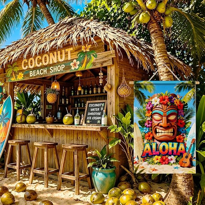 IVN Tiki Surf Aloha Garden Flag 12x18 Burlap Aloha Tiki Mask Surfboards Ukulele Sunshine Beach Ocean Palm Leaves Hibiscus Flowers Double Sided Summer Outdoor Yard House Flag for Outside Home Front Door Lawn Porch Patio Welcome Summer Decor
