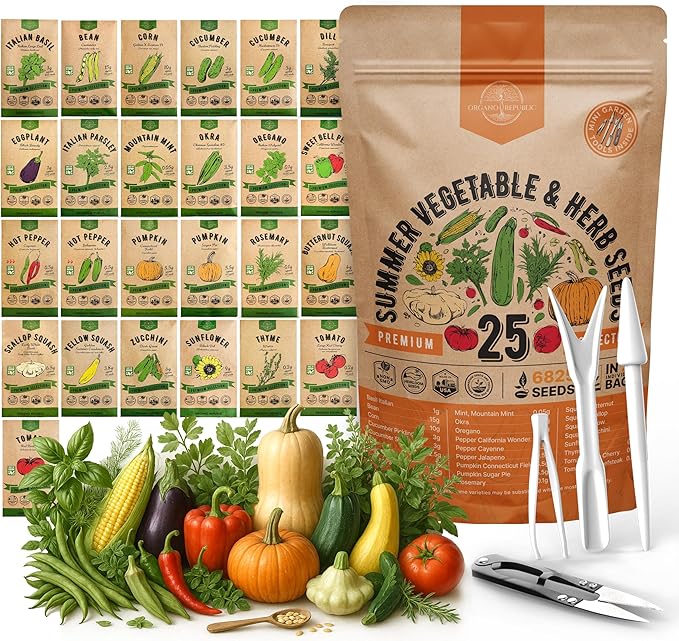 Organo Republic 25 Summer Vegetable & Herb Garden Seeds Variety Pack - 6,820+ Non-GMO Heirloom Veggie & Herb Seeds for Outdoors & Indoor Home Gardening: Tomato, Okra, Bean, Cucumber, Basil, Rosemary