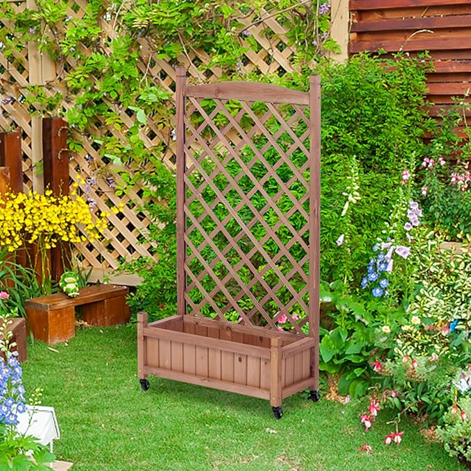 2-Pack Elevated Wooden Planter Boxes with Trellis & Wheels – Outdoor Raised Garden Beds for Climbing Plants, Vegetables & Flowers – Easy Assembly & Drainage, 11x25x42.3 Inch