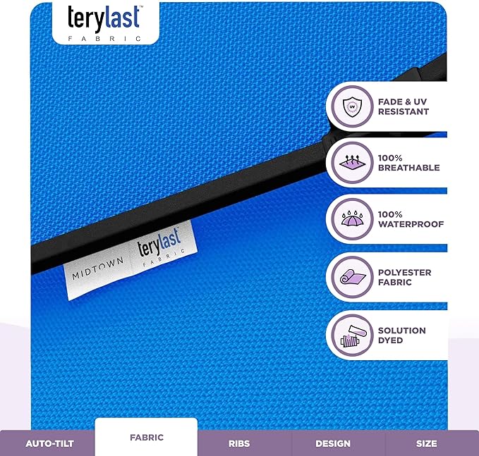 Midtown Umbrellas - 10-Year-No-Fade 9 Ft Patio Umbrella with Terylast Fabric, Auto-Tilt Aluminum Frame and 8 Reinforced Ribs for Deck, Pool, Garden & Beach - Cobalt Blue Canopy, Black Pole
