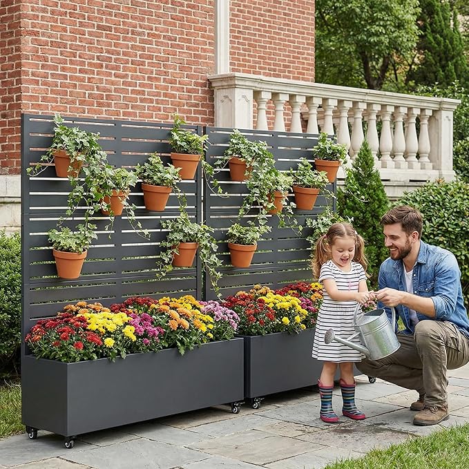 Casaphoria 47"x47" Metal Raised Garden Bed with Trellis(2 Pack), Outdoor Planter Box with Wheels & Drainage Holes for Climbing Plants, Flowers, Elevated Garden Kit with Privacy Screen, Black-Louvered