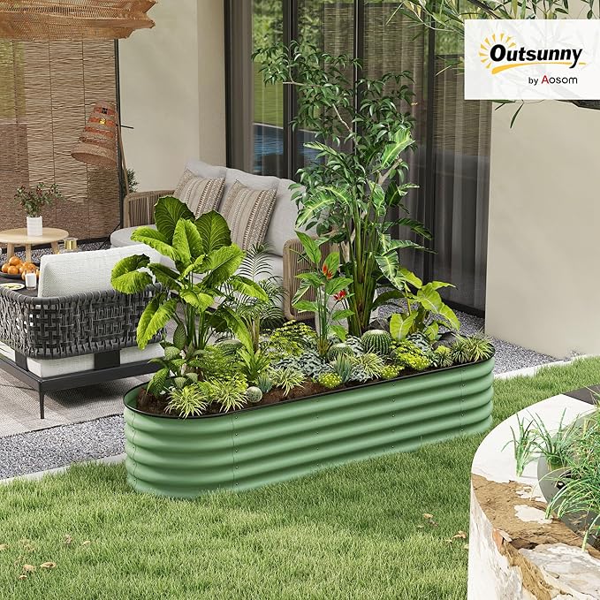 Outsunny 6.5' x 2' x 1.4' Galvanized Raised Garden Bed Kit, Outdoor Metal Elevated Planter Box with Safety Edging, Easy DIY Stock Tank for Growing Flowers, Herbs & Vegetables, Green