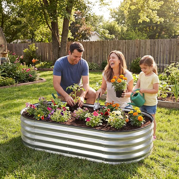 DUMOS 4x2x1ft Galvanized Raised Garden Bed, Outdoor Planter Box with Open Bottom Design, Metal Large Garden Bed for Vegetables, Herbs & Flowers, Rustproof for Backyard & Patio, Silver