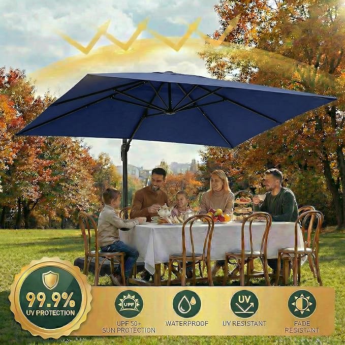 Hoteel 10ft Patio Umbrella Heavy Duty Aluminum Windproof & Shade Provision Outdoor Cantilever Square Offset Large Umbrella Height Adjustable with 360°Rotation for Patio Pool Deck Gazebo, Dark Blue