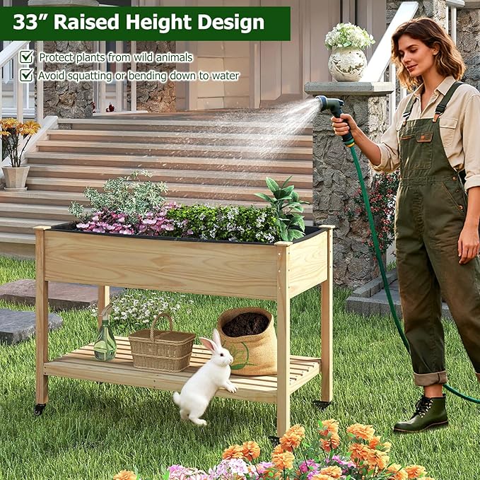 Giantex Mobile Raised Garden Beds Set of 2, Wood Planter Box with Wheels, Storage Shelf & Liner, 47”x23”x33” Rolling Raised Bed for Indoor Outdoor Plants, Vegetables Flower Herbs Fruit Gardening