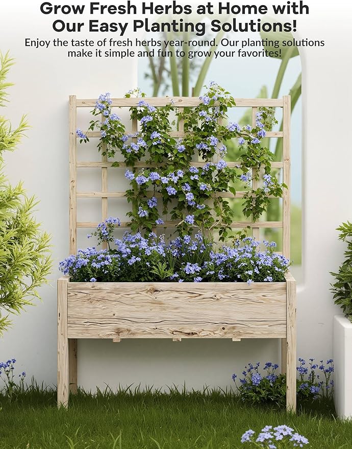 Wooden Raised Garden Bed with Trellis, 46.46x23.23x65.35IN Elevated Planter Box with Legs for Climbing Plants, Vegetables & Flowers