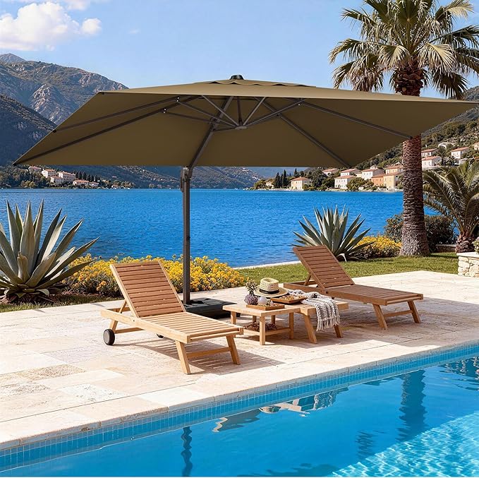 9' X 12' Cantilever Patio Umbrella Rectangle Outdoor Umbrella, 6-Level Tilt & 360° Rotation Offset Umbrella for Garden, Deck, Pool (Brown)