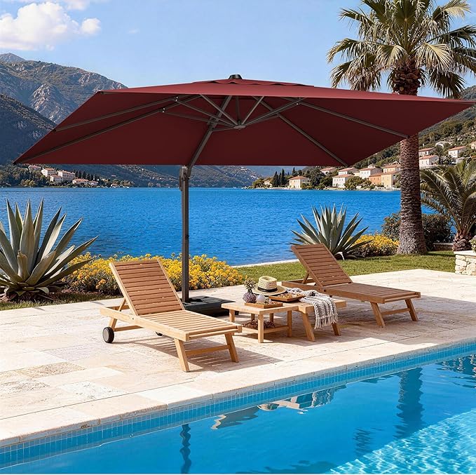 9' X 12' Cantilever Patio Umbrella Rectangle Outdoor Umbrella, 6-Level Tilt & 360° Rotation Offset Umbrella for Garden, Deck, Pool (Red)