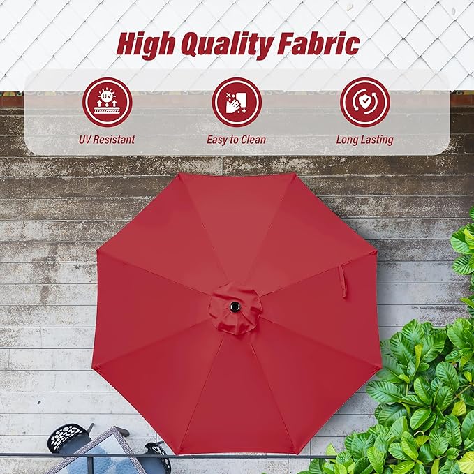 Simple Deluxe 9FT Outdoor Patio Umbrella Table Market Umbrella with Push Button Tilt and Crank and 50lbs Base Stand, for Garden, Lawn, Deck, Backyard, Pool, Red