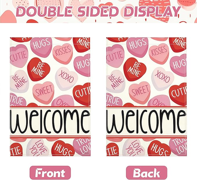 Valentines Day Garden Flag, 12x18 Inch Double Sided Pink Red Love Hearts Welcome Design Hearts Rustic Anniversary Wedding Decor Indoor Outdoor Yard Flag Decoration